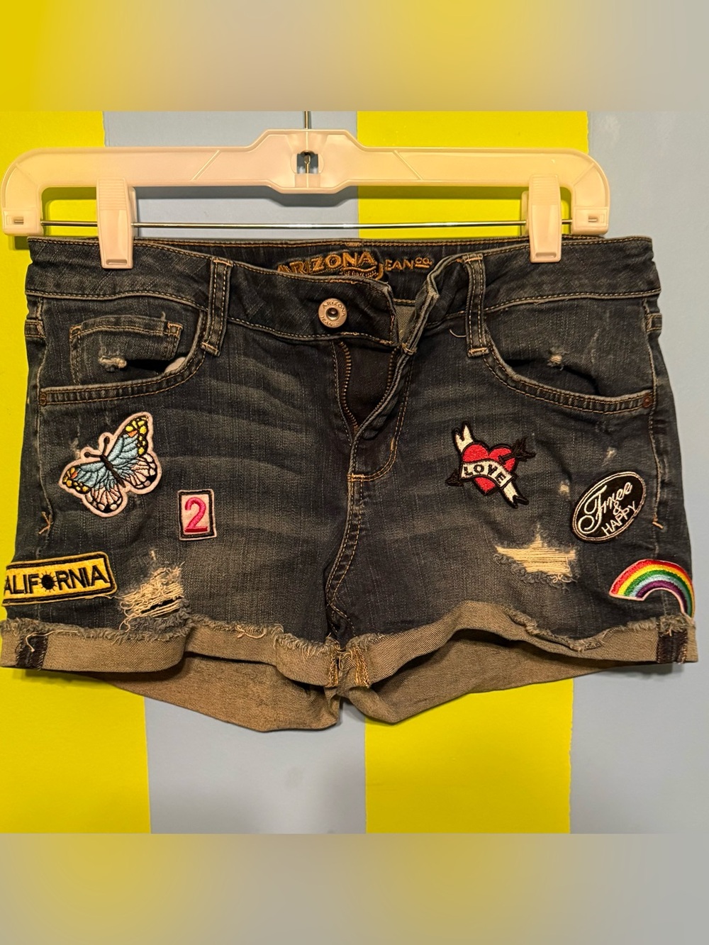 Arizona Jean Company Dark Wash Embroidered Patch Denim Shorts - Multi
